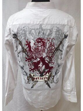 Revolve Modern Fit Mens XL White Stripe Royalty Crest Lion Swords Button Shirt
